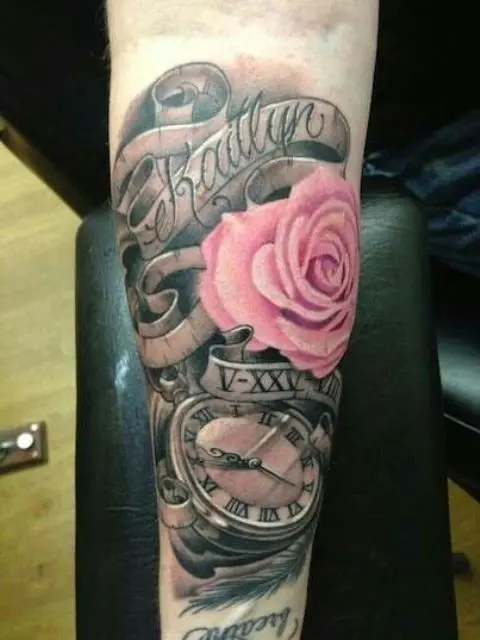 Baby name tattoo with pink rose