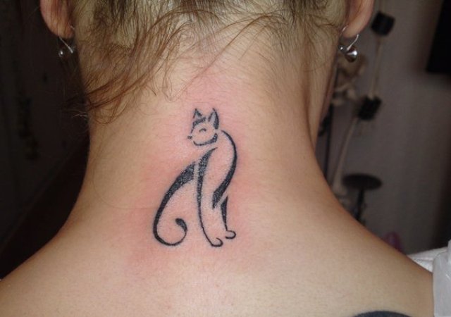Black-contour cat tattoo on the neck