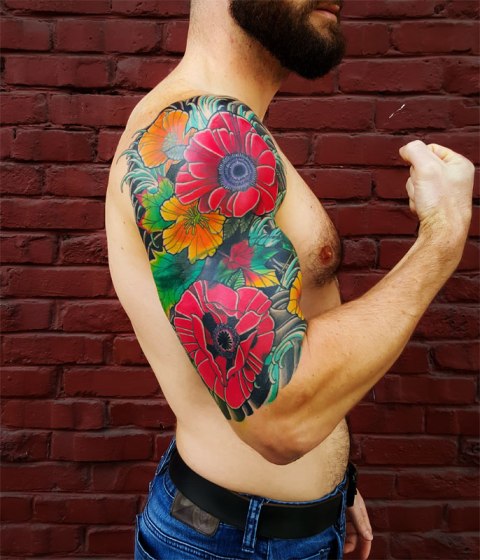 Colorful floral tattoo