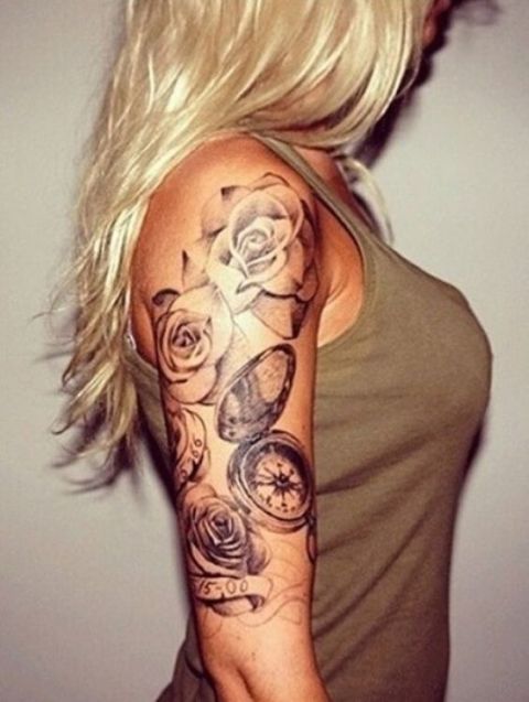 Flowers and watch tattoo