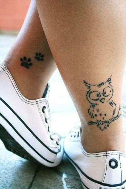 Funny owl tattoo on the leg