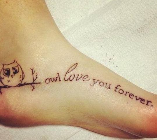 Owl with quote tattoo on the foot