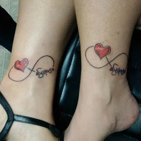Red heart sister tattoos on the ankles