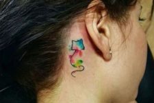 Watercolor cat tattoo behind the ear