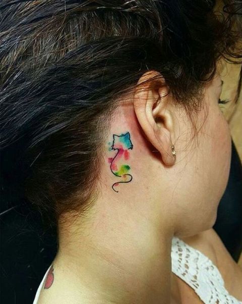 Watercolor cat tattoo behind the ear