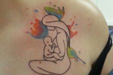 Watercolor mother and child tattoo on the shoulder