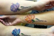 Wonderful blue, orange and lilac floral tattoos