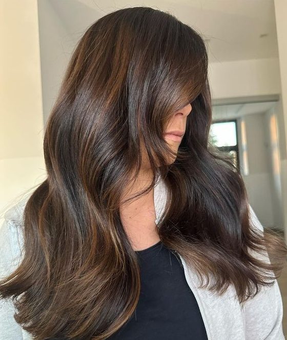 beautiful straight and shiny dark brown hair with copper balayage and slight waves is a beautiful and catchy idea