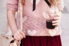 03 pink heart-printed sweater with a collar and a burgundy mini skirt