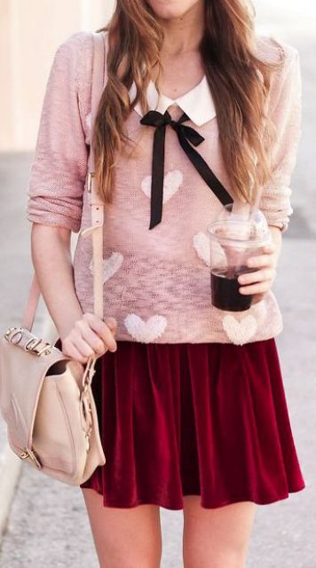 pink heart printed sweater with a collar and a burgundy mini skirt