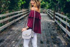 04 white jeans, a burgundy off the shoulder top, black lace up heels