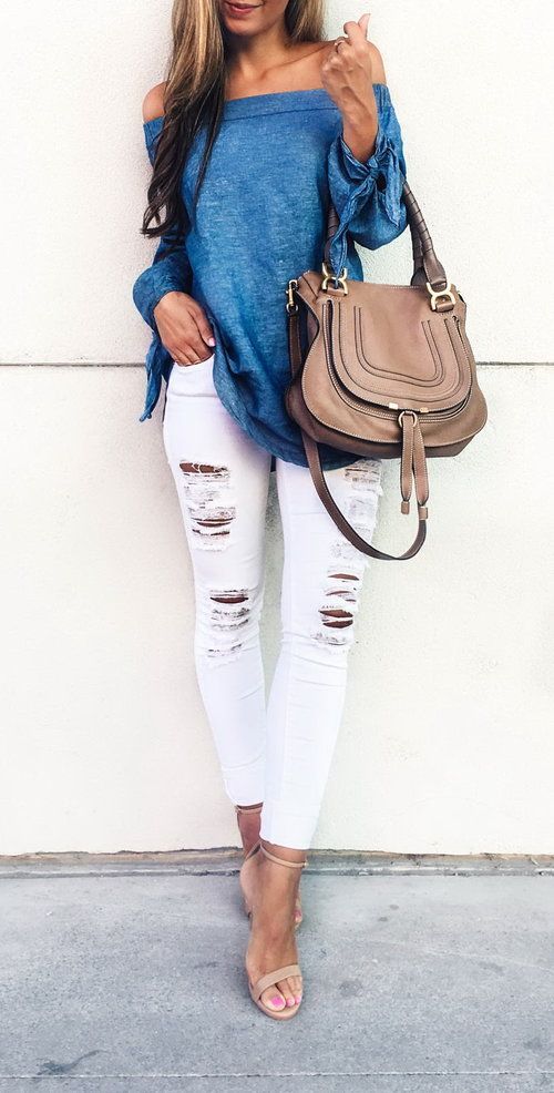 04white ripped jeans, a blue off the shoulder top and nude heels