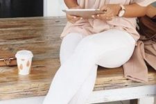 05 white jeans, a blush off the shoulder top and brown suede flats