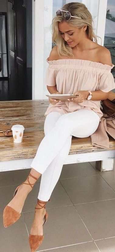 white jeans, a blush off the shoulder top and brown suede flats