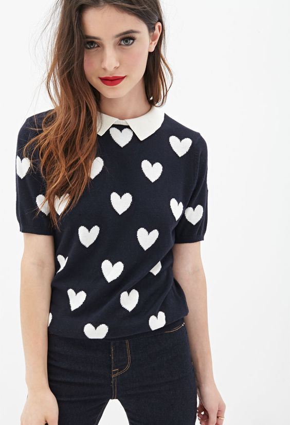 collared heart-printed sweater and jeans will be a great outfit on this day