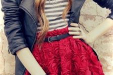 06 red rose mini skirt, a striped tee, a black moto jacket and a clutch