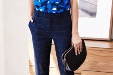 07 flattering windowpane pants, blue ankle heels and a sleeveless blue top