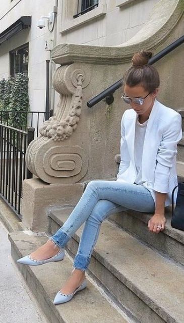 a white blazer, a white tee, blue jeans and blue studded flats are perfect for work