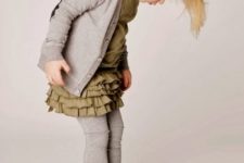 09 an army green dress with a ruffled skirt, a greay cardigan and leggins, army grey sneakers
