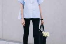 09 black jeans and heels, a light blue short-sleeve shirt