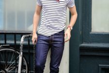 09 navy denim, a striped tee and white Converse