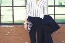 09 navy pants, a striped shirt and white heels