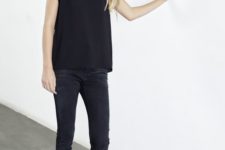 10 black jeans, a black sleeveless top and leopard slip-ons