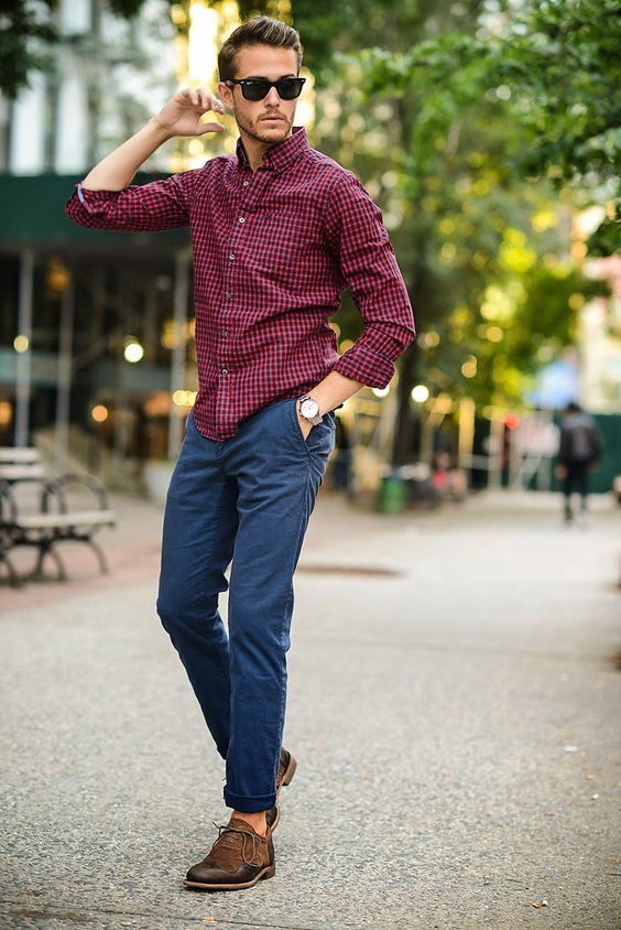 navy pants, brown shoes and a red plaid shirt