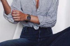 11 casual navy jeans, a striped button up shirt in grey and white