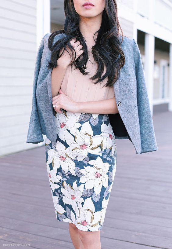 a floral pencil skirt, a tweed blazer, a blush pink blouse for the office