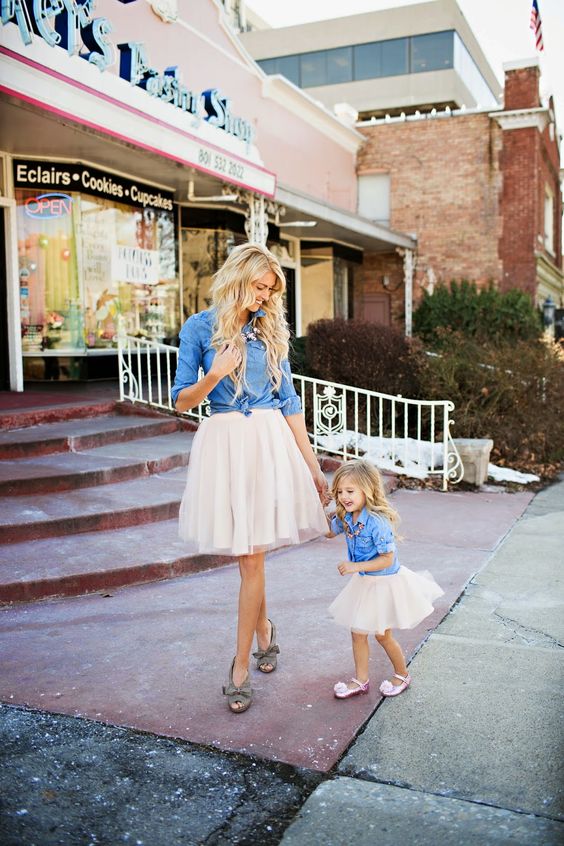 blush tutus, chambray shirts, shoes for the mom and flats for the girl
