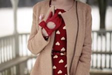 14 red heart-print dress, gloves and a tan coat
