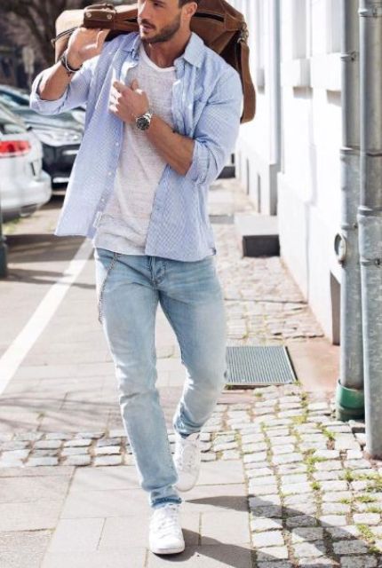 white sneakers, blue jeans, a white tee and a blue shirt