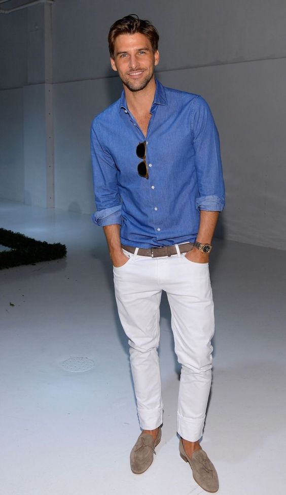 casual friday outfit with grey suede moccasins, white pants and a chambray shirt