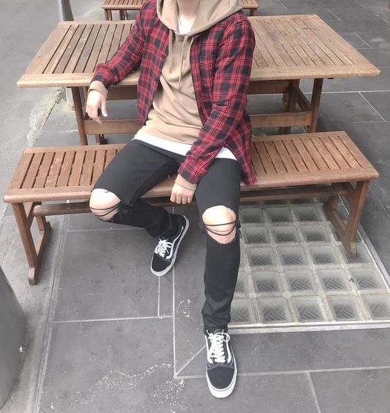 ripped jeans and checkered vans