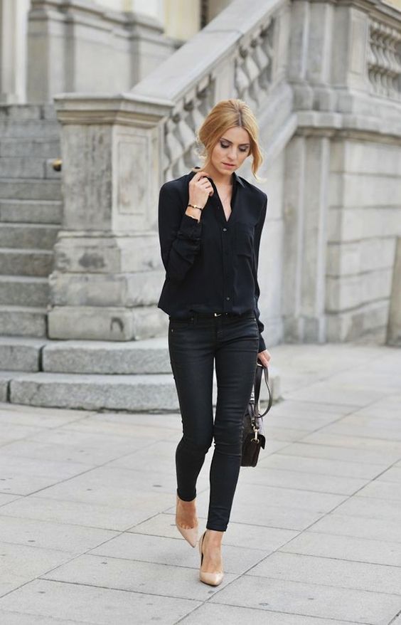 total black look with neautral shoes