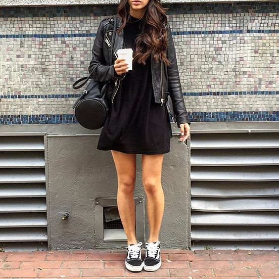 total black look with a mini dress, a leather jacket and Vans