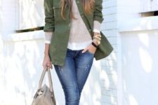 With beige shirt, green army jacket and skinny jeans