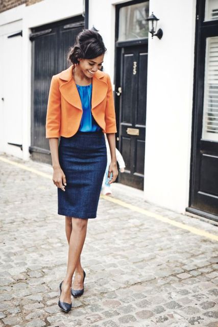 With blue blouse, pencil skirt and flats