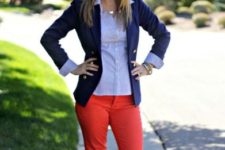 With blue jacket, classic shirt and flats
