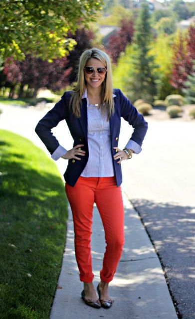 With blue jacket, classic shirt and flats