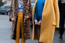 With blue shirt and leopard coat