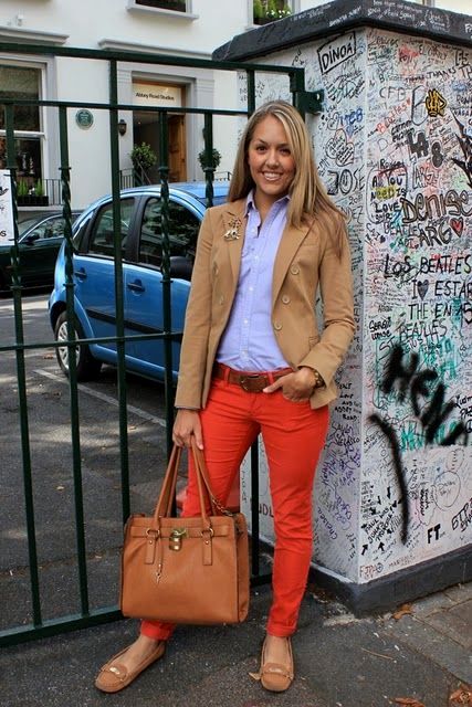 With button down shirt, camel jacket, brown bag and flats