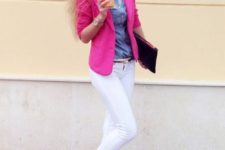 With denim shirt, white jeans and hot pink flats