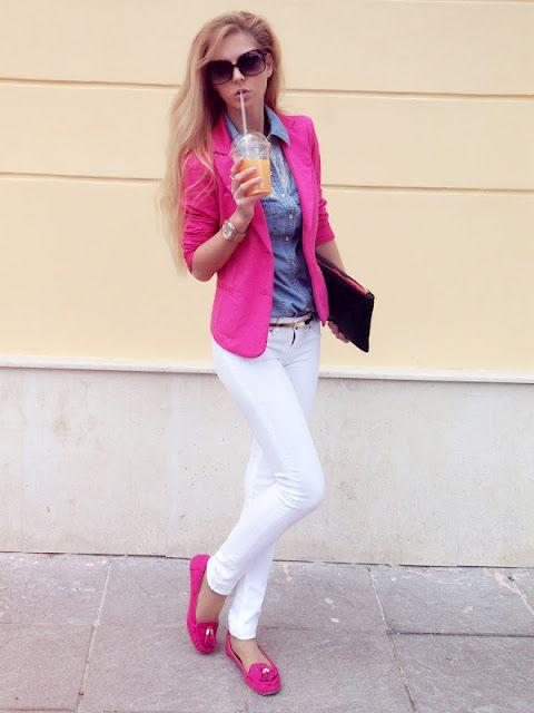 With denim shirt, white jeans and hot pink flats