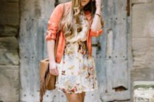 With floral dress, brown bag and boots