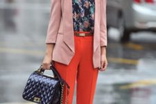 With floral shirt, pale pink jacket and bag