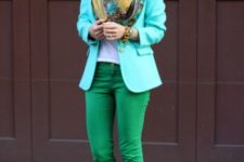 With green jeans, metallic heels and printed scarf