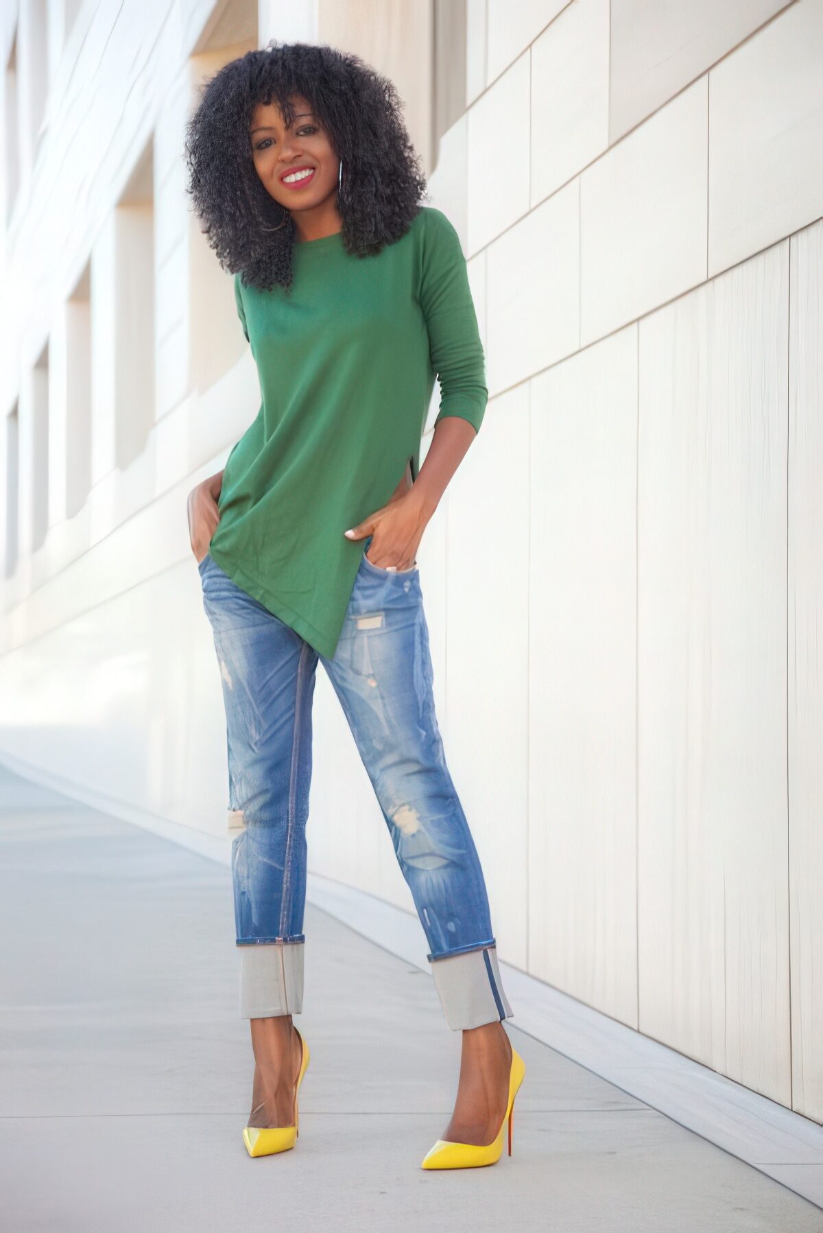 yellow shirt and jeans outfit