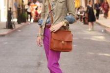 With jacket, brown crossbody bag and two color shoes